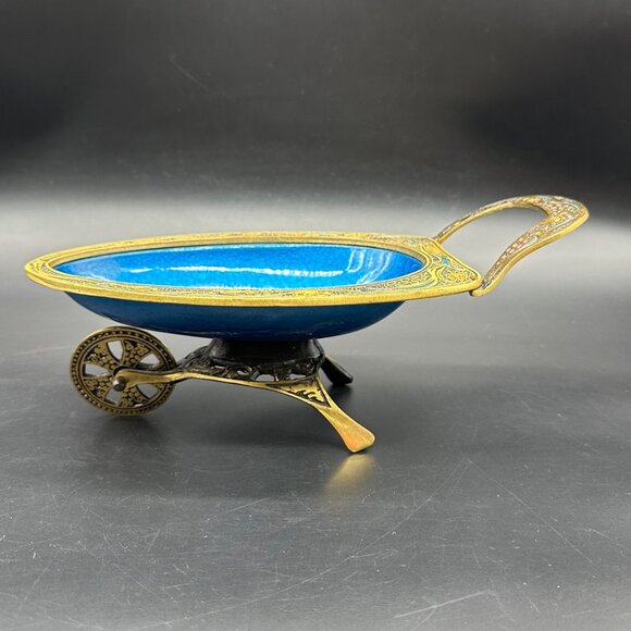 Vintage Brass Enamel Wheelbarrow Trinket Dish Israel Blue Gold Centerpiece Bowl - Picture 4 of 12